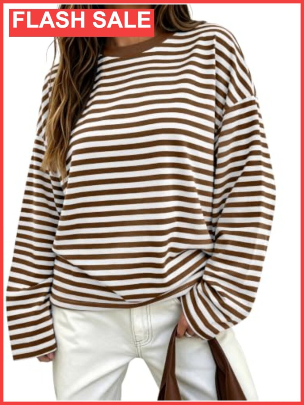Womens Oversized Striped T-Shirt Long Sleeve Drop Shoulder Casual Top